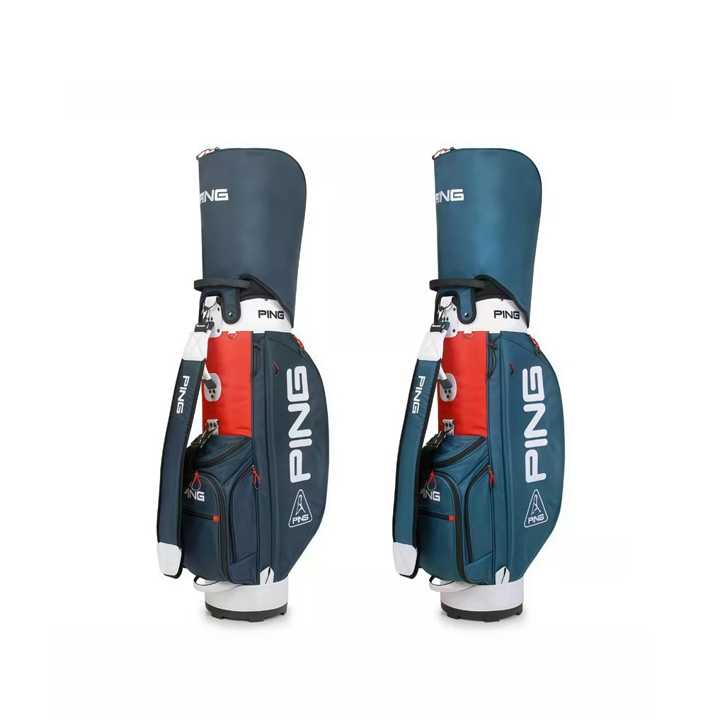 Two PING A-Series Staff Golf Bags displayed side by side, showcasing the premium design, color-blocking, and brand logos. Perfect for golf professionals or serious players.
