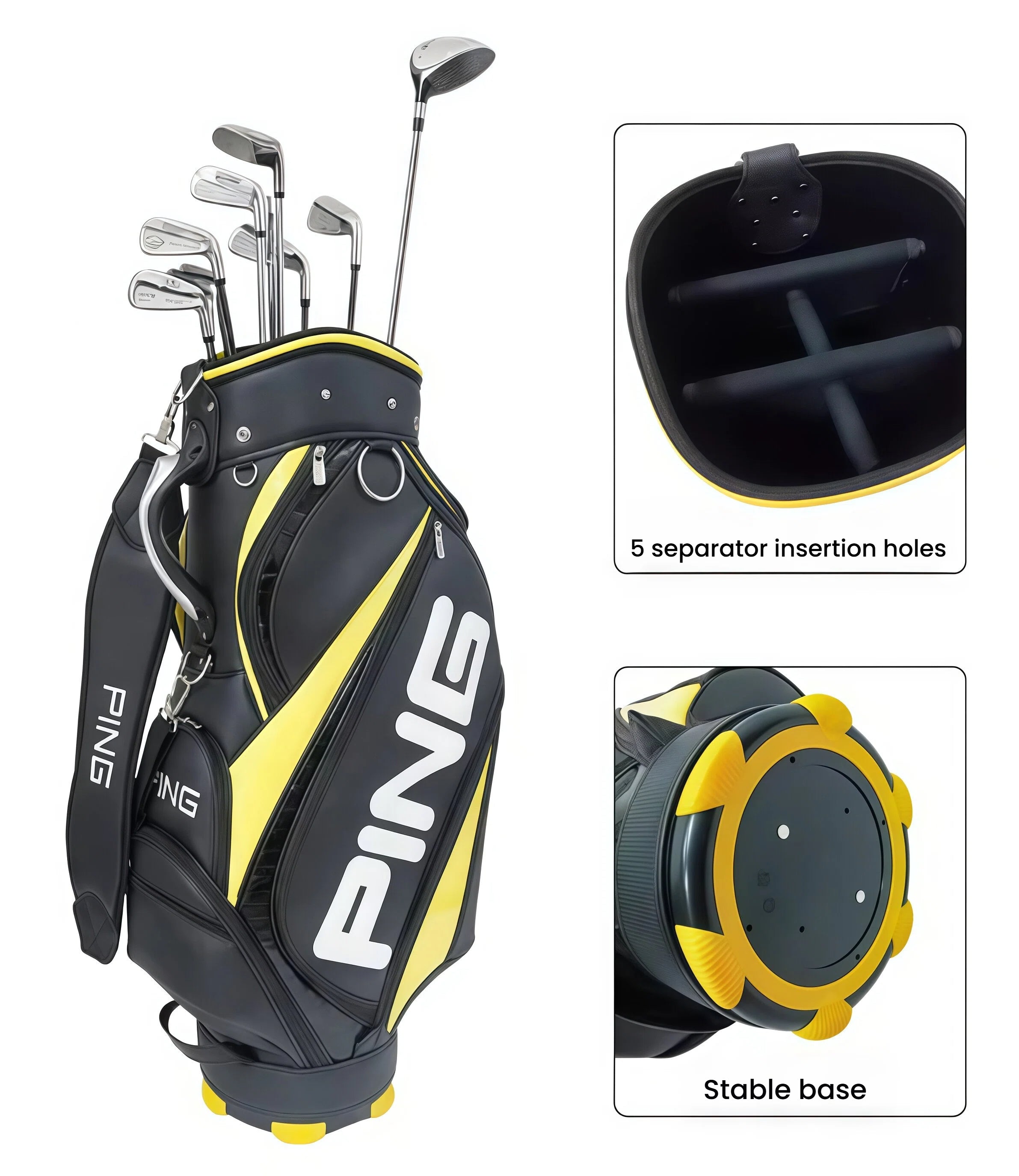 Interior view of the PING Golf Cart Bag 2025 showing 5 separator insertion holes for custom club dividers and a stable base with rubber feet for upright support.
