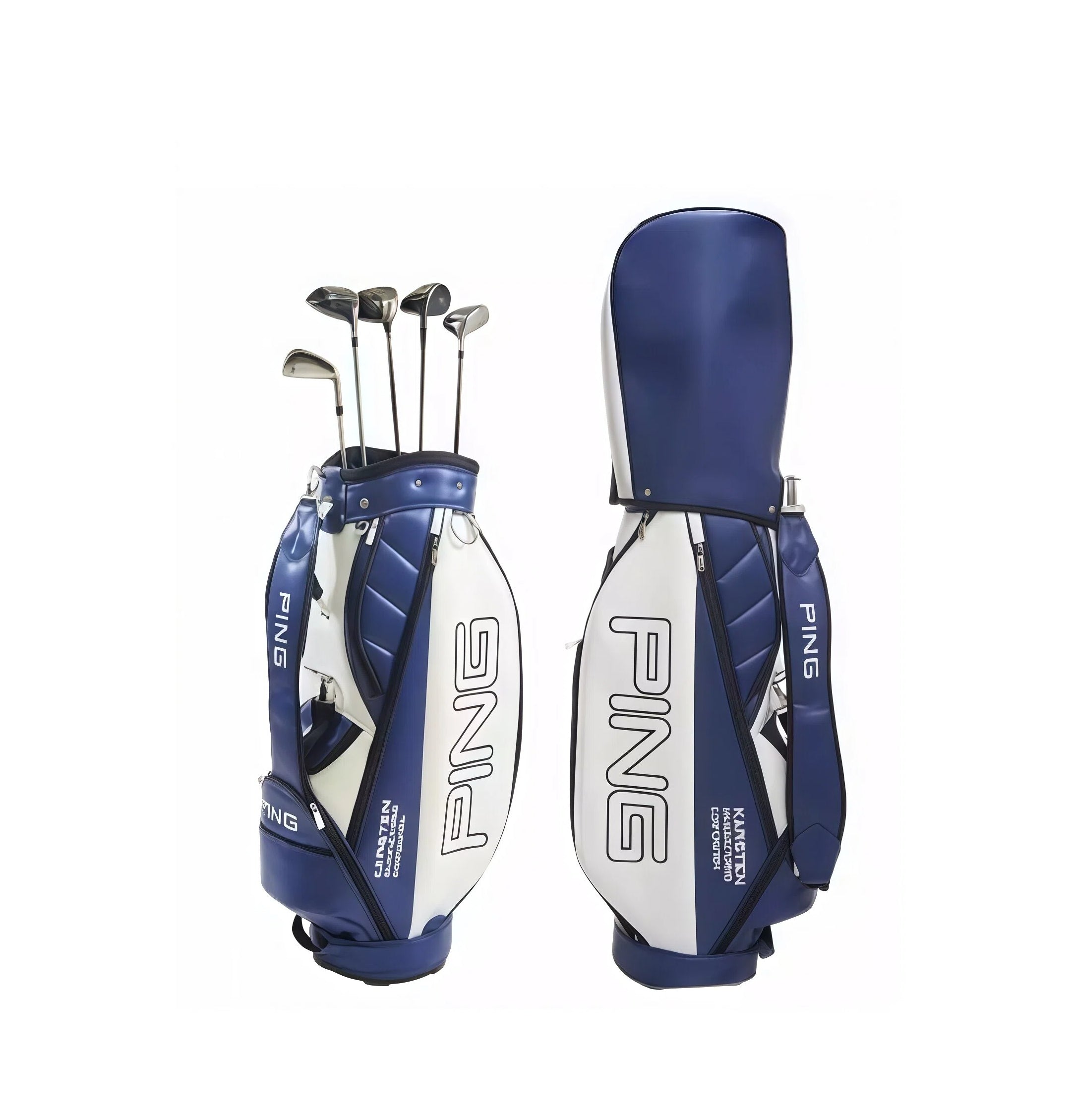  Navy blue and white PING golf stand bag shown with golf clubs, demonstrating its waterproof design, spacious storage for clubs and gear, and lightweight unisex construction for comfortable golf outings.