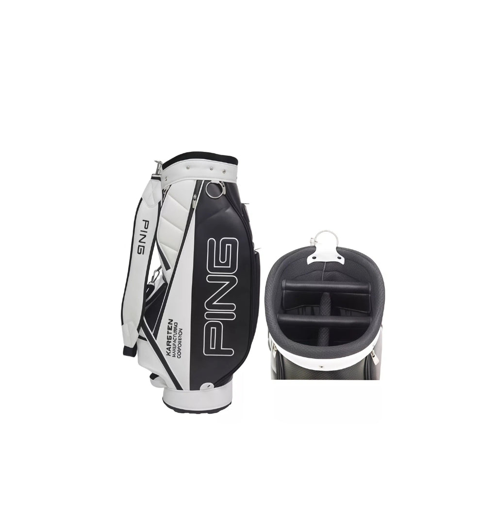 Side view of white and black PING golf stand bag with a close-up of its 4-way top divider, highlighting organized storage, waterproof construction, and lightweight unisex design for golfers.