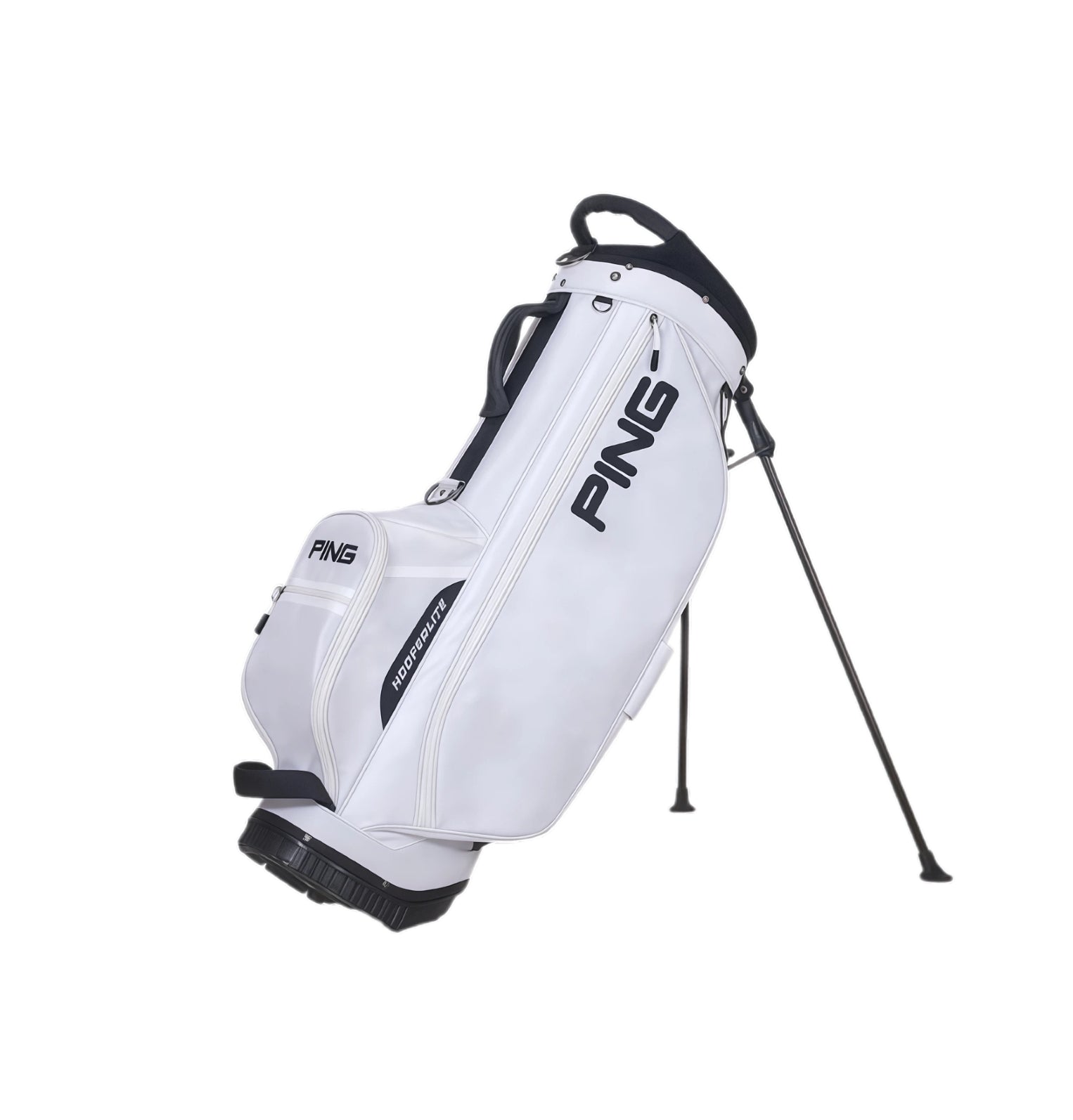 Side view of the PING Hoofer Lite Stand Bag in white. Features the large "PING" logo, built-in stand legs, padded top handle, and reinforced base. Designed for lightweight performance and easy carry.
