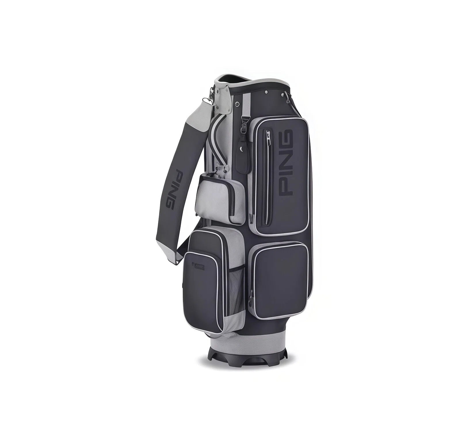 Dark gray and light gray PING modern cart bag with sleek design, multiple zippered pockets, and branded shoulder strap. Ideal for organized golfers.
