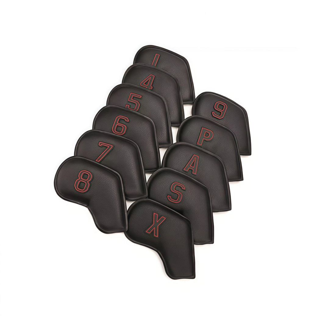 Premium black PU leather iron headcovers with bold red-outlined numbers (4–9, P, A, S, X) — double-sided labeling and oil-edge finish for durability and style; protects irons from scratches during transport or storage
