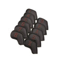 Premium black PU leather iron headcovers with bold red-outlined numbers (4–9, P, A, S, X) — double-sided labeling and oil-edge finish for durability and style; protects irons from scratches during transport or storage
