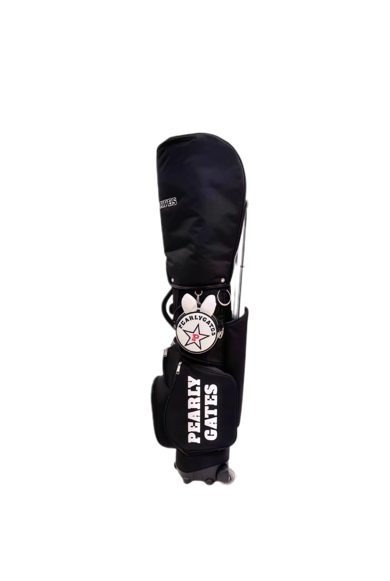 Front view of black Pearly Gates golf stand bag, highlighting its signature logo, sturdy build, and practical design elements like the top handle and side pockets for organized gear storage.