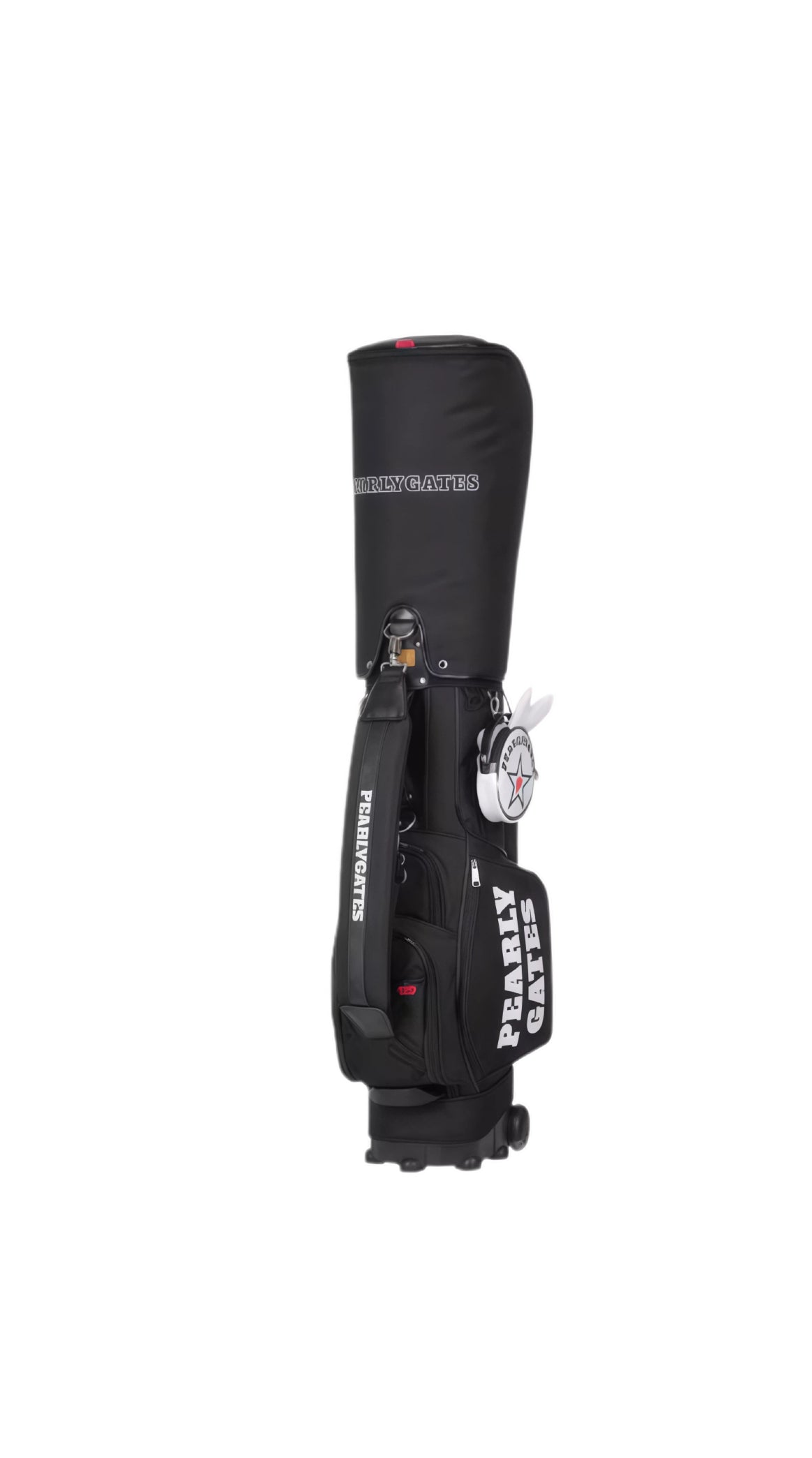 Black Pearly Gates golf stand bag with white branding, offering lightweight construction, ample storage space, and smooth-rolling wheels for convenient mobility during golf outings.