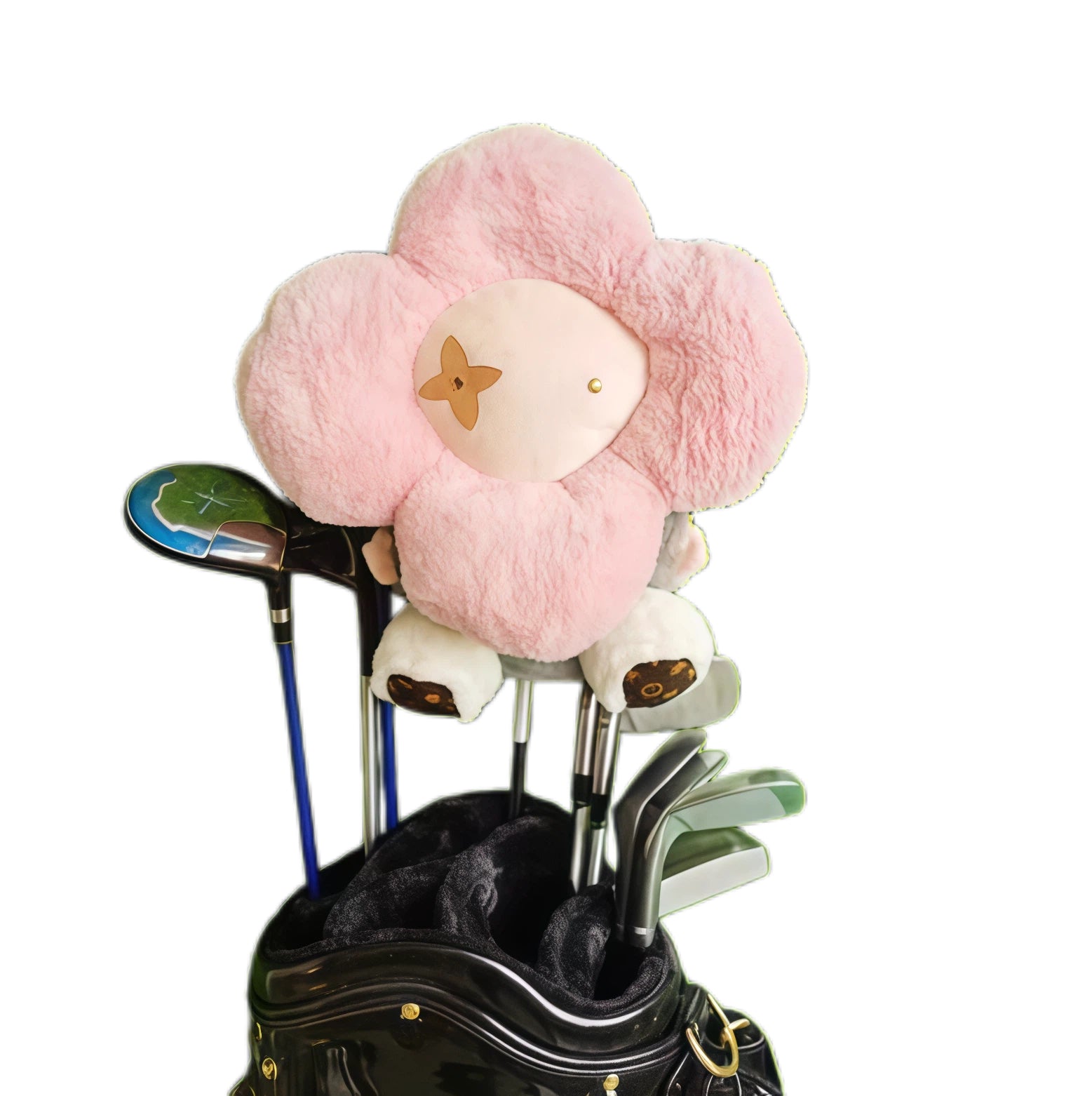 Pink plush sunflower driver headcover displayed in a black golf bag among other clubs, highlighting its vibrant floral design and playful aesthetic for women golfers.