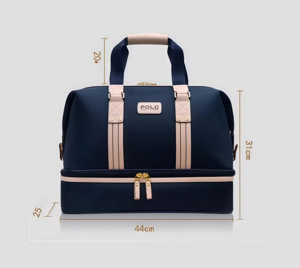 Size chart of the Polo Golf Dual-Zip Duffel Bag showing dimensions: 44cm (length), 31cm (height), 25cm (width). Perfect for carrying golf gear, clothes, or travel essentials.