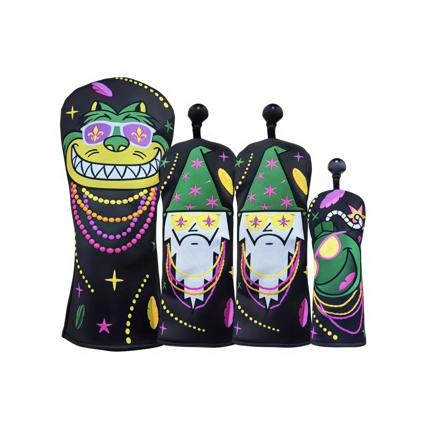 Colorful golf club head covers with cartoonish designs on a white background