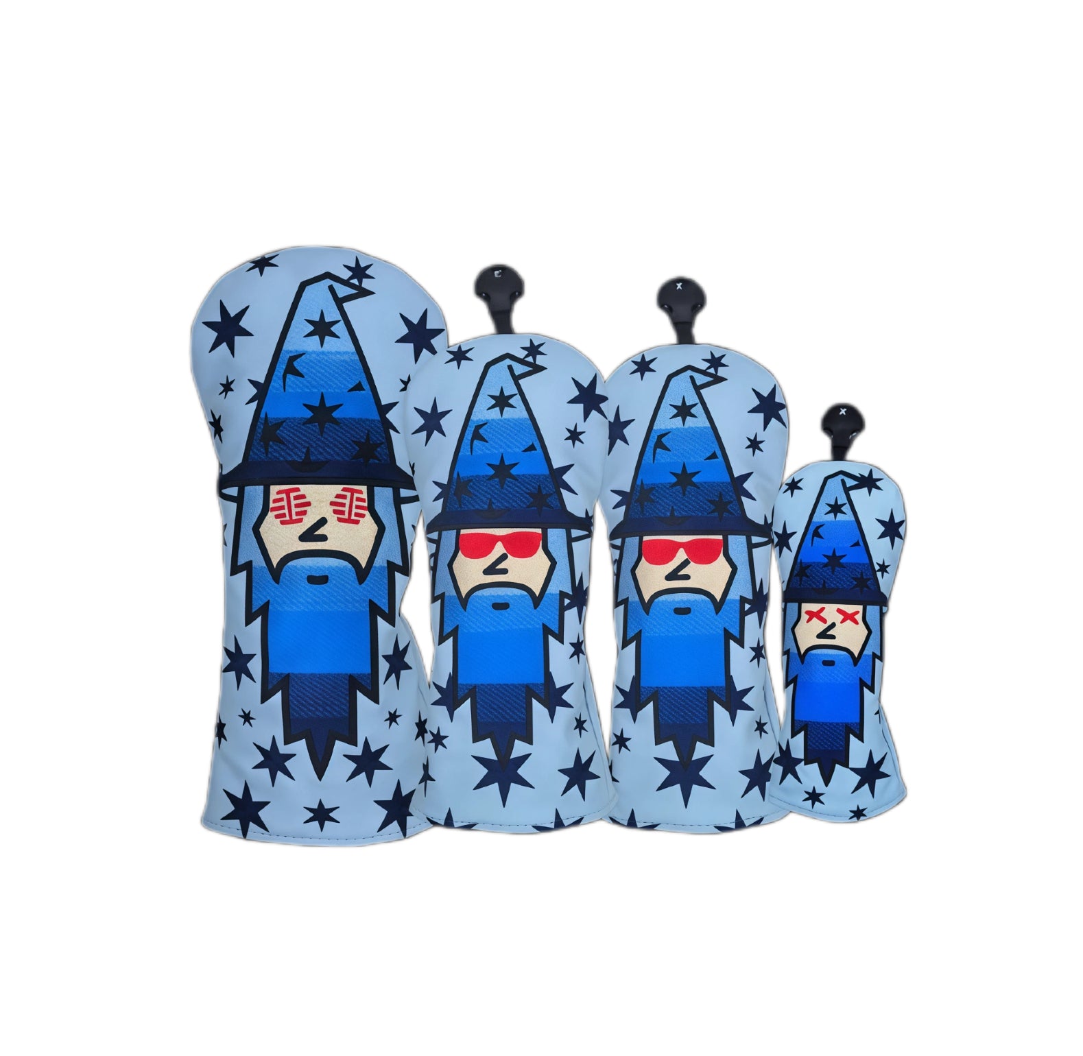 Blue Premium Wizard golf headcovers set with cartoon wizard design, red glasses, white beard and star pattern, designed for driver, fairway, hybrid and putter clubs with durable, unisex-friendly protection.
