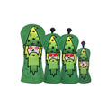 Green Premium Wizard golf headcovers set featuring cartoon wizard with red glasses, white beard and star pattern, compatible with driver, fairway woods, hybrid and putter for unisex stylish protection.