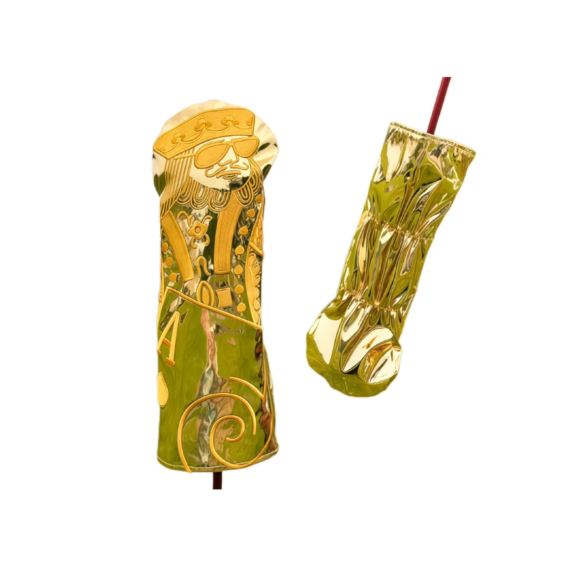 Front and back view of SWAG Gold King Poker headcover, showcasing detailed embossed king face and crown on reflective PU leather, with elastic band for secure fit on driver or fairway wood.