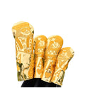 Four SWAG Gold King Poker headcovers displayed together: King, Queen, Jack, and Ace, all with gold embossed poker-themed designs on reflective green-gold PU leather, suitable for full set golf club protection.