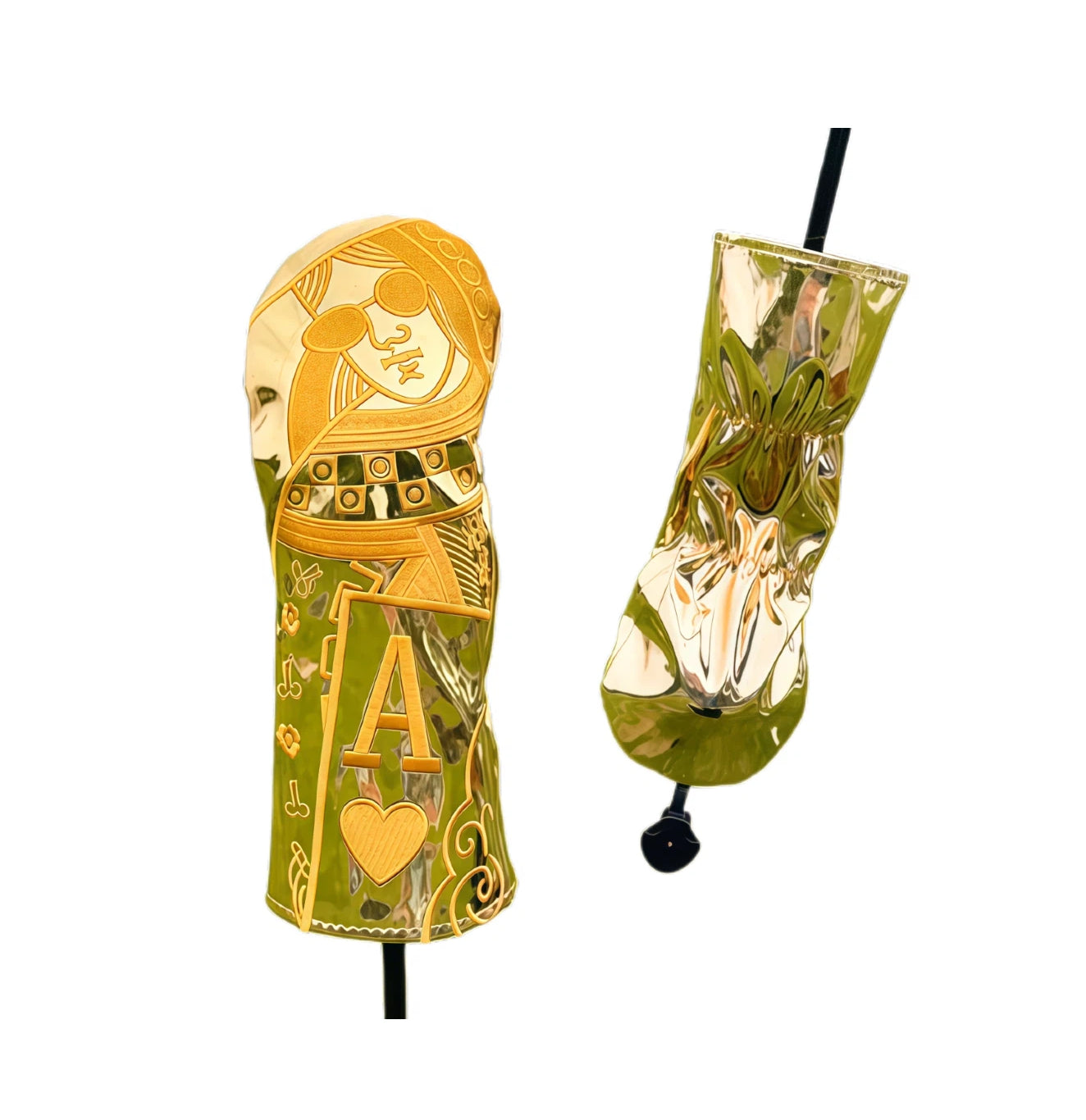 Front and back view of SWAG Gold Queen Poker headcover, featuring embossed queen face with sunglasses and heart symbol on reflective PU leather, designed for fairway wood with waterproof finish.