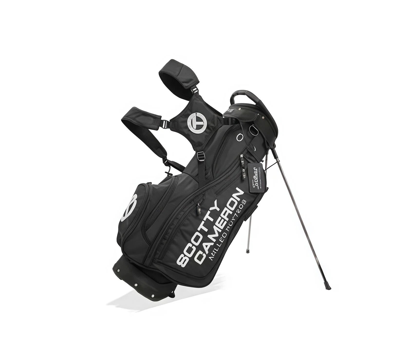 Minimalist black Scotty Cameron stand bag with white logo, ergonomic dual shoulder straps, multiple compartments, and durable construction – perfect for men's golf gear storage.