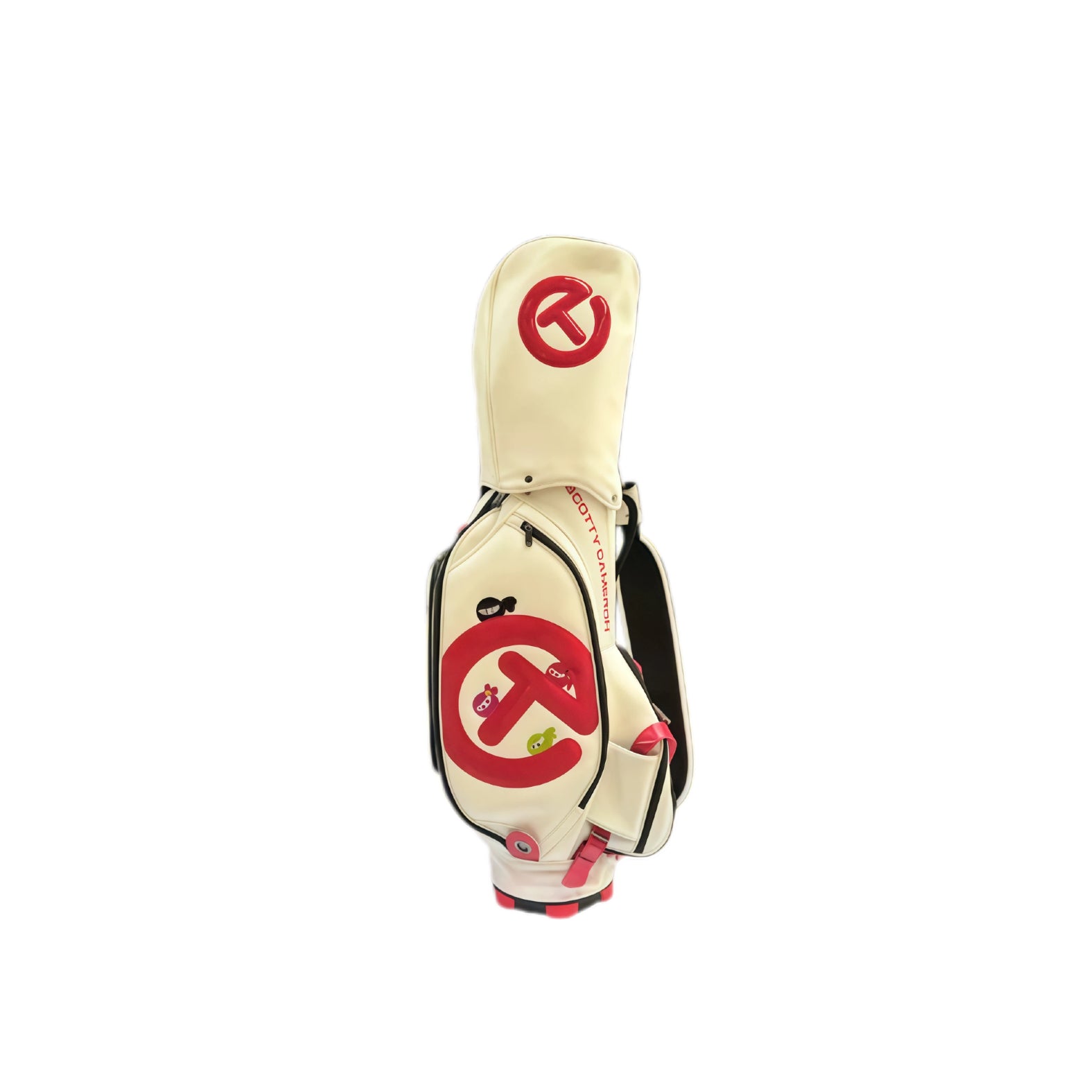 A side view of the Scotty Cameron Staff Bag in a classic cream and red colorway. The bag is adorned with a large red "Circle T" logo and unique graphic details, combining vintage style with modern performance features.