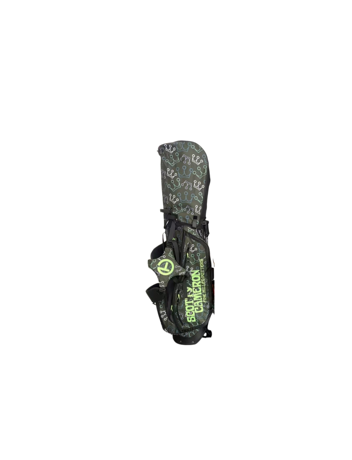 Side profile of the Scotty Cameron Pathfinder Golf Stand Bag showing the full length of the bag, highlighting the crown pattern texture, bright green accents, and durable black fabric construction suitable for carrying golf clubs.