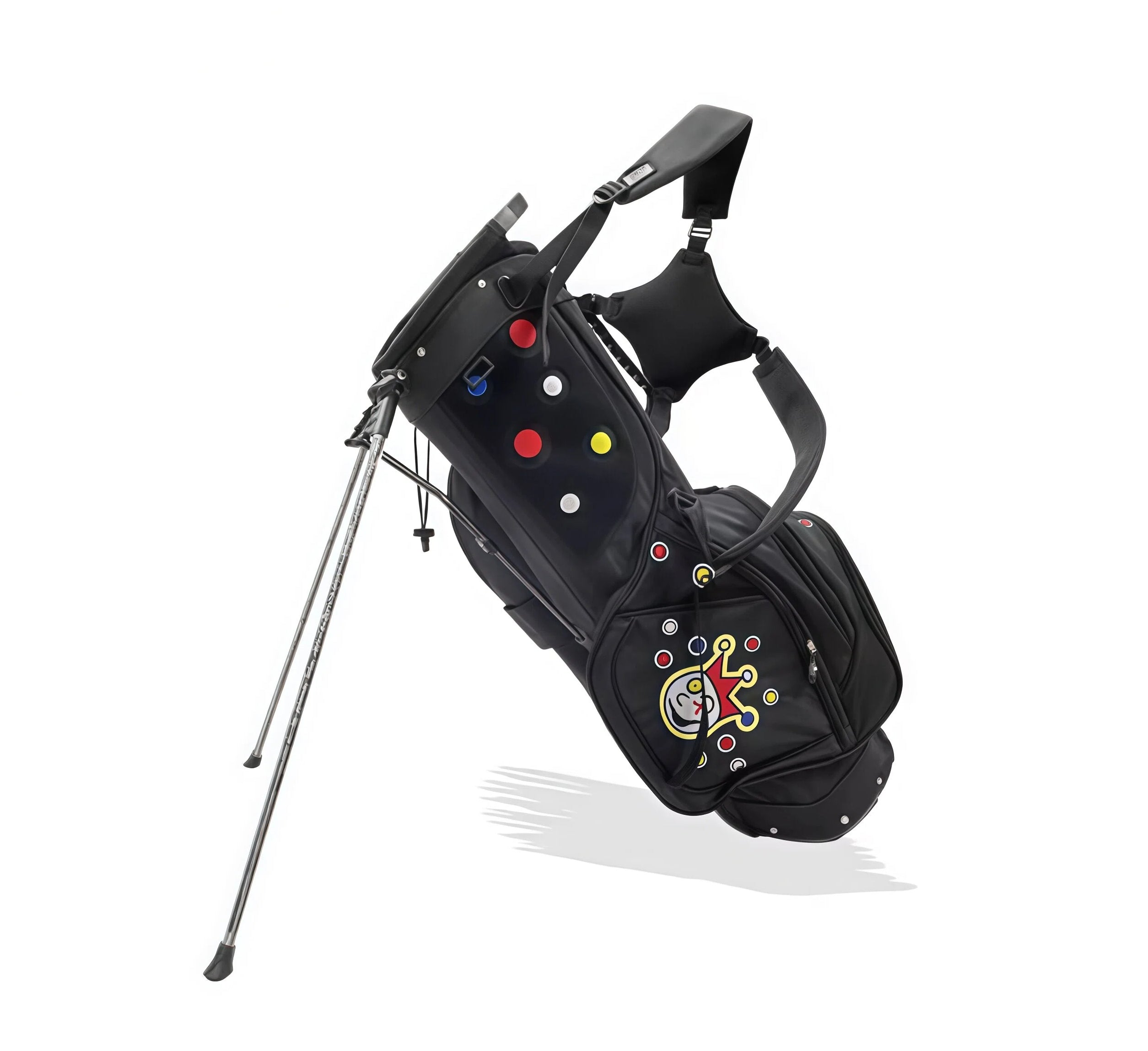 Back view of black Scotty Cameron golf stand bag featuring iconic king crown logo, dual straps, and stand legs – showcasing premium craftsmanship and brand identity.