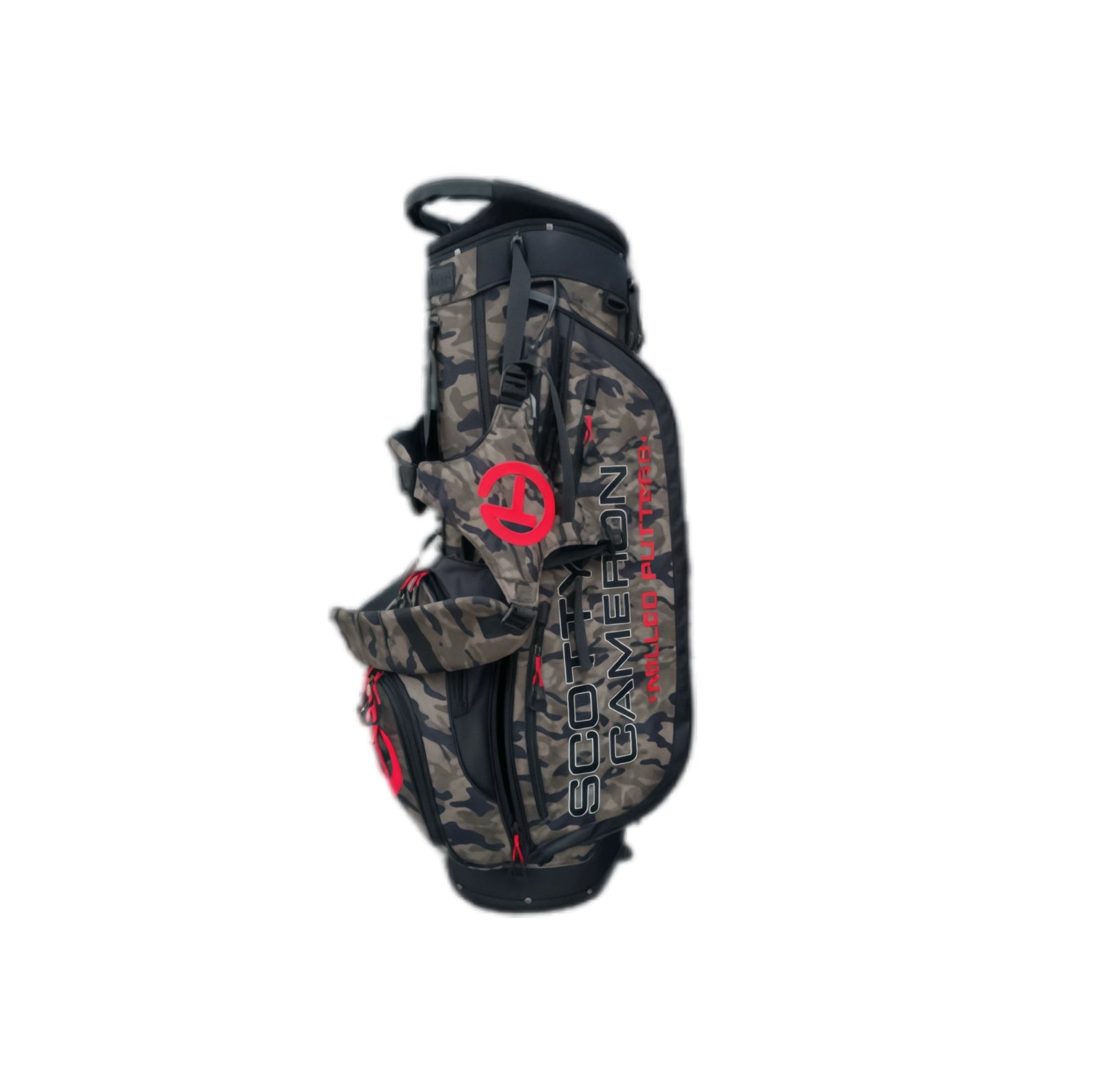 Side profile of the Scotty Cameron Junior Camo-Red Circle T Stand Bag, highlighting the "SCOTTY CAMERON" text, red Circle T logo, and camouflage design with black pocket accents.