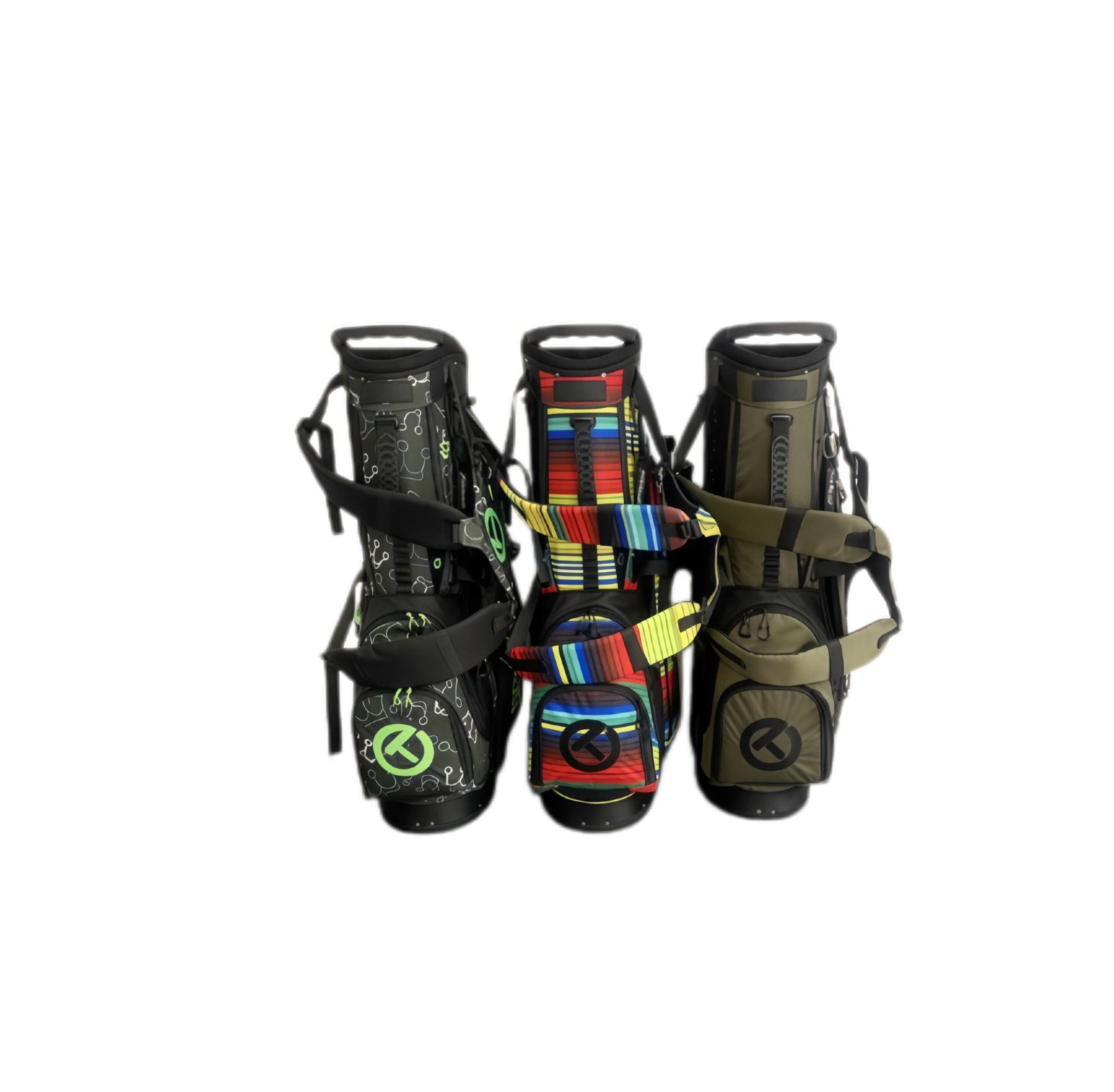 A rear view of three Scotty Cameron Junior stand bags. This angle shows the padded dual shoulder straps and the back panel construction, emphasizing the comfort and portability of the Serape, Crown, and Olive models.