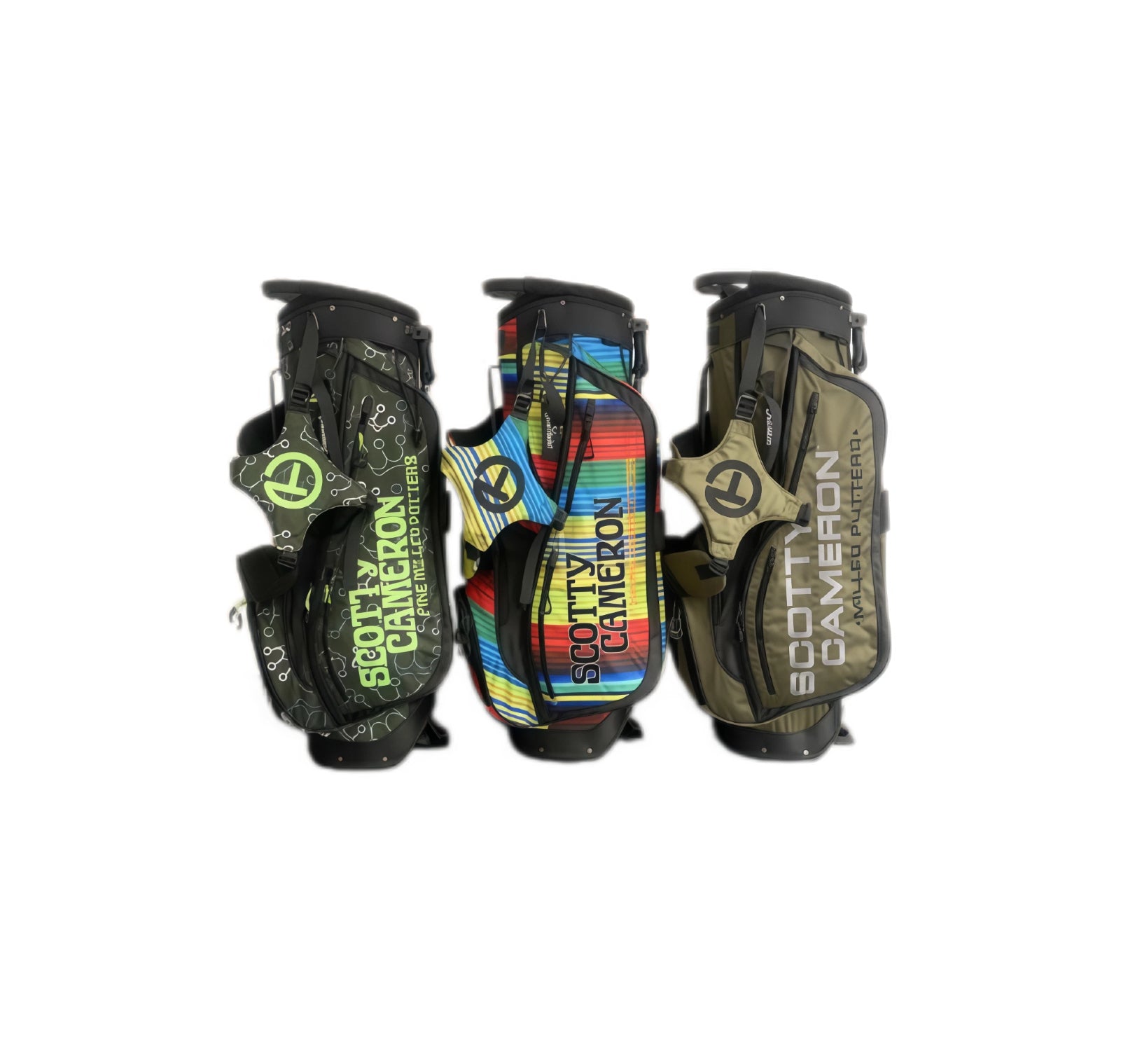 A side profile lineup of three Scotty Cameron Junior golf bags. The image clearly displays the vertical "SCOTTY CAMERON FINE MILLED PUTTERS" text on the side pockets of the Crown, Serape, and Olive designs.