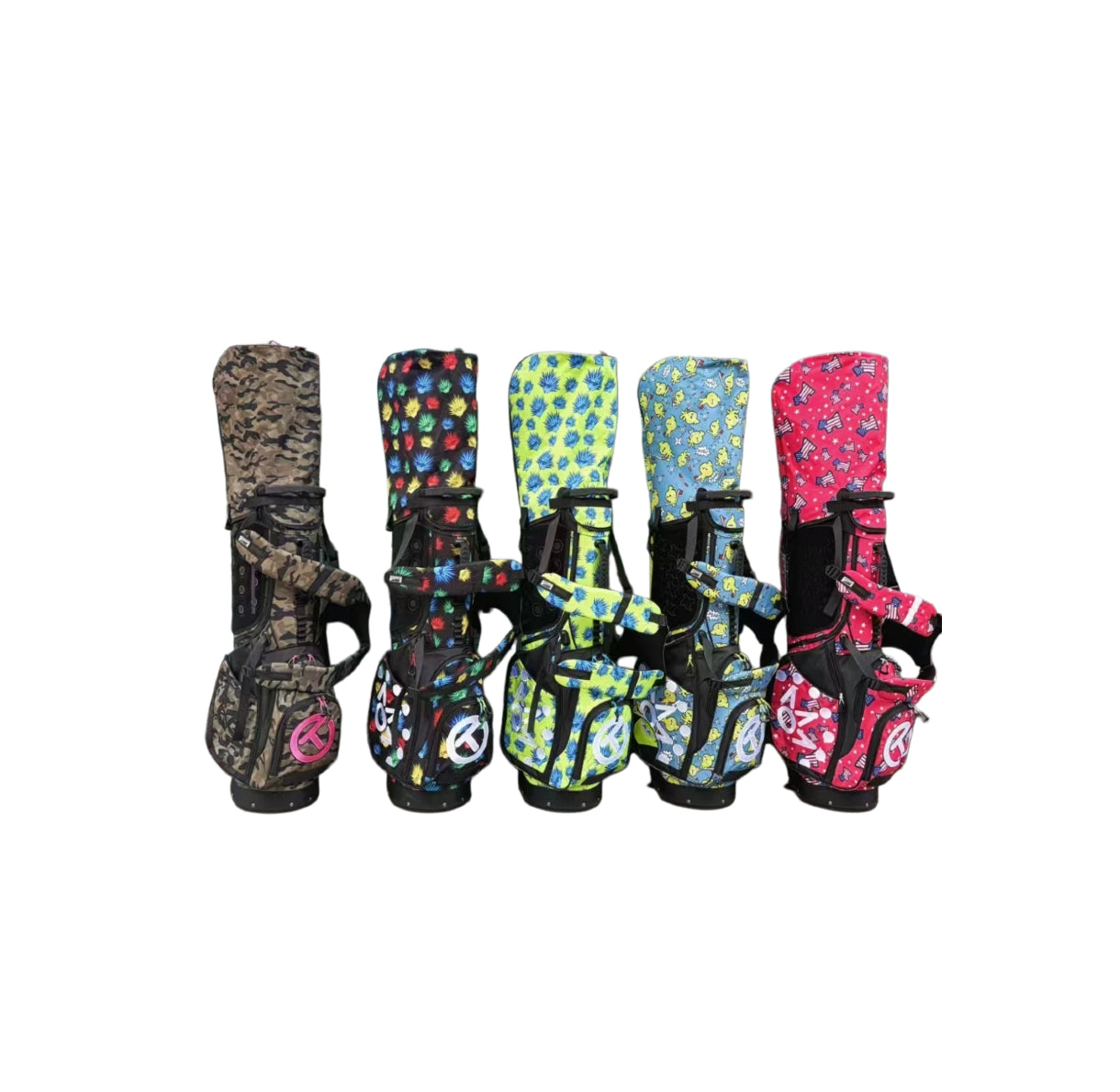  A side profile view of five Scotty Cameron Junior golf bags lined up. This image displays the varying patterns and the dual-strap system on the Camo-Pink, Pineapple, and other exclusive prints.