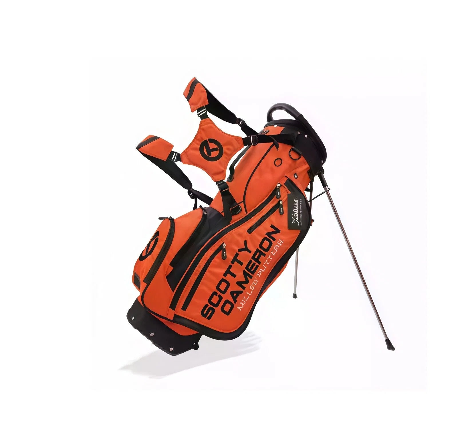 Orange Scotty Cameron stand bag with sleek black accents, prominent "SCOTTY CAMERON" text, dual straps, and sturdy stand legs – ideal for golfers who love bold style.