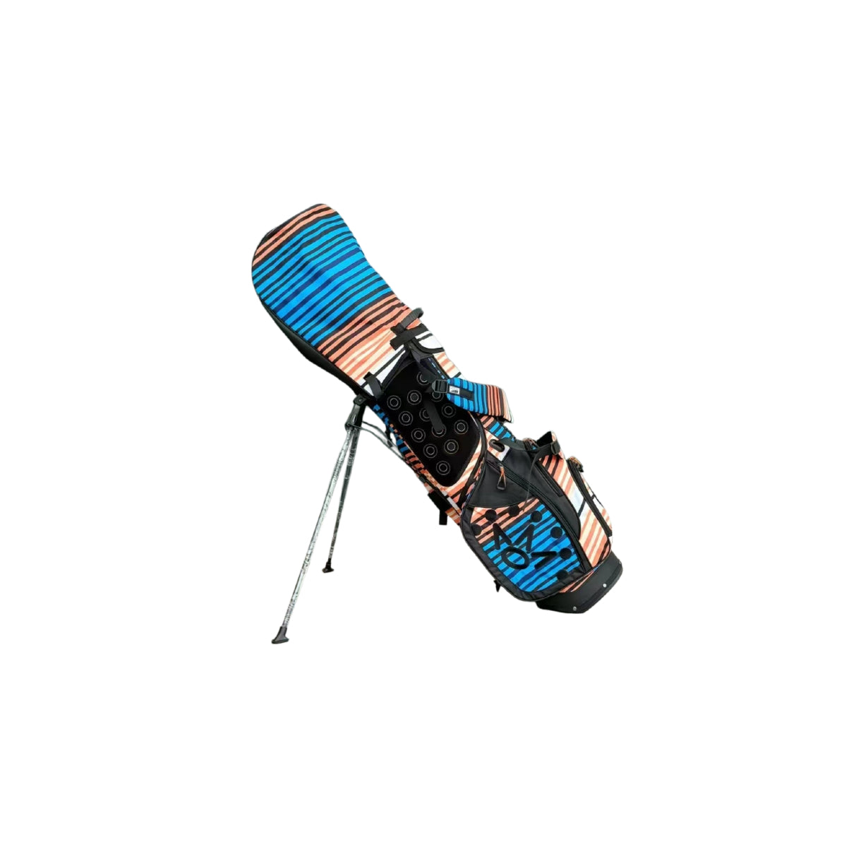An angled view of the Scotty Cameron Pathfinder Sunset Serape stand bag. The bag features a vibrant serape pattern with horizontal stripes in shades of blue, orange, and black, shown with its stand legs deployed.