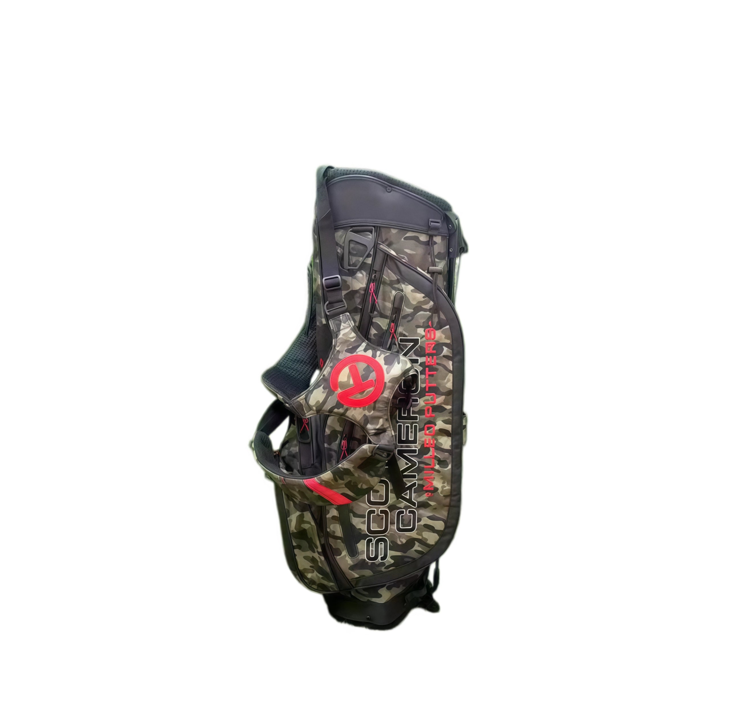 Side view of the Scotty Cameron Pathfinder Camo/Red Stand Bag. This lightweight golf bag features a detailed camouflage pattern with a bold red Circle T logo and "SCOTTY CAMERON MILLED PUTTERS" text in black and red lettering.