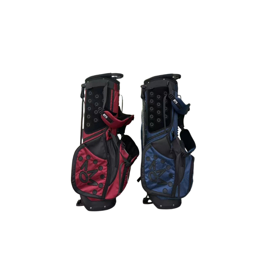 Two golf bags, one red and black, the other blue and black, on a white background.