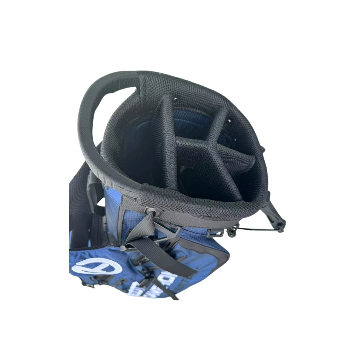 A close-up top-down view of the Scotty Cameron Pathfinder Mainstay Bag's 5-way top cuff. The image shows the padded grab handle and the internal divider system designed to organize golf clubs.