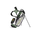 Angled view of the Scotty Cameron Pathfinder Stand Bag in Gray and Green, showcasing the "SCOTTY CAMERON MILLED PUTTERS" text, dual strap system with Circle T logo, and extended legs for stability.