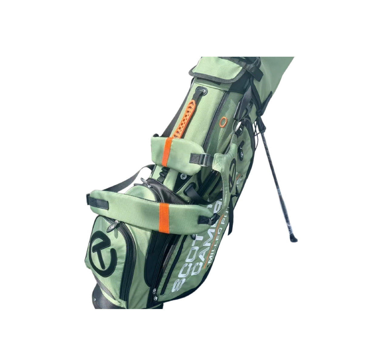 Close-up detail of the Scotty Cameron Pathfinder Stand Bag in Green, focusing on the orange zipper pulls, Circle T logo, and high-quality stitching for durability and style.