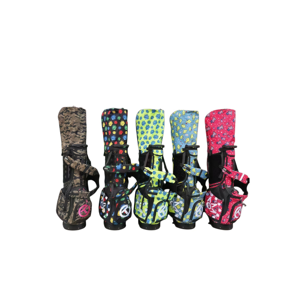 A side profile of the Scotty Cameron Pathfinder stand bag collection, showing the different patterns and the consistent design structure across the Agave Man, camo, and other exclusive prints.