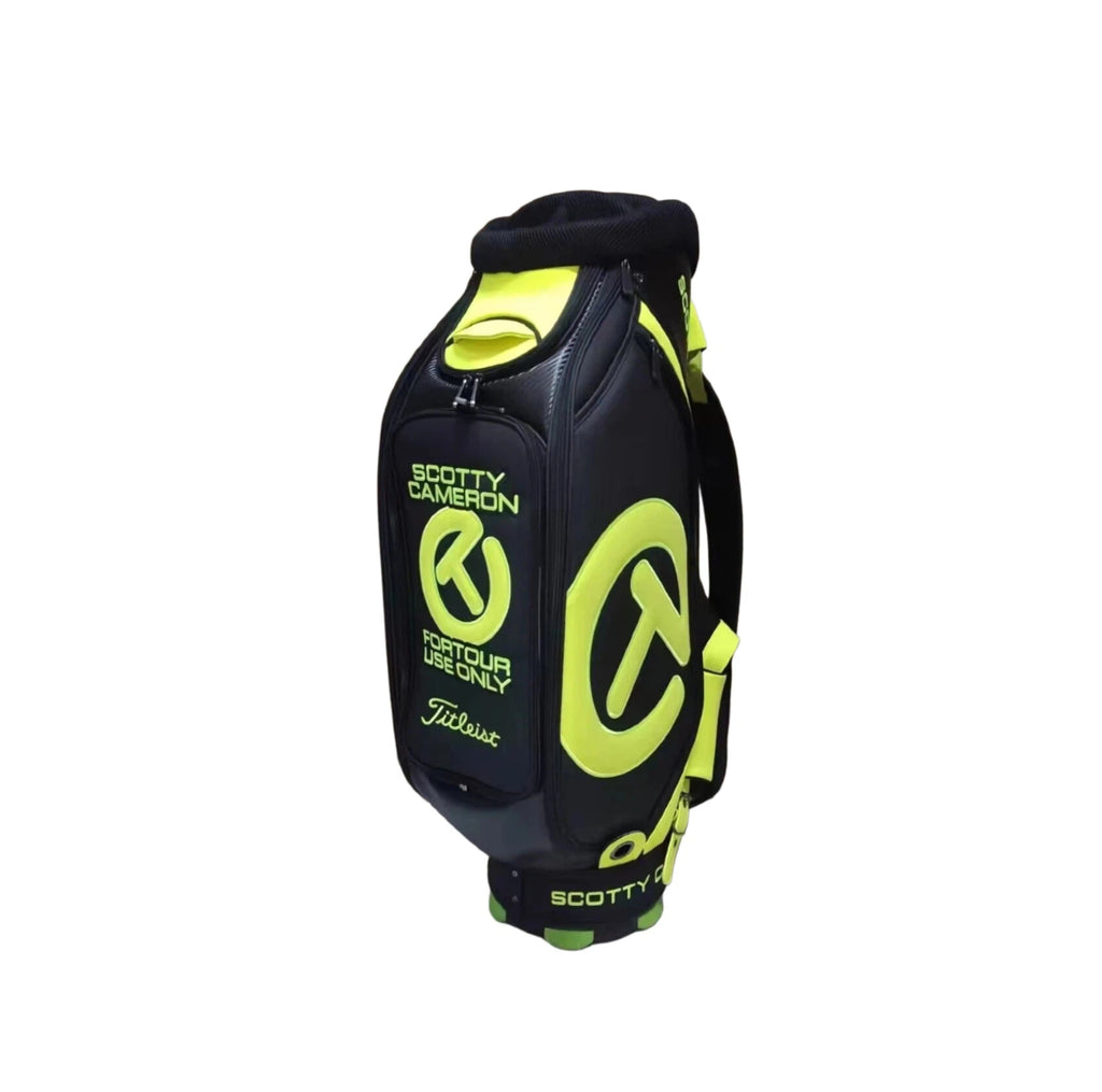 Front view of the Scotty Cameron Staff Bag 2022 Tour Bag in Charcoal and Neon, featuring the iconic Circle T logo, “FOR TOUR USE ONLY” text, and Titleist branding in bold neon yellow accents.