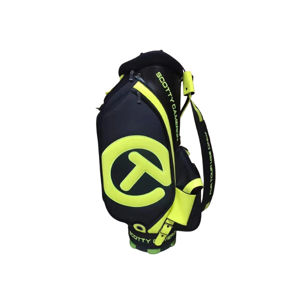 Front-facing view of the Scotty Cameron Staff Bag 2022 Tour Bag, emphasizing the oversized neon yellow Circle T logo and “SCOTTY CAMERON” lettering on a charcoal background.