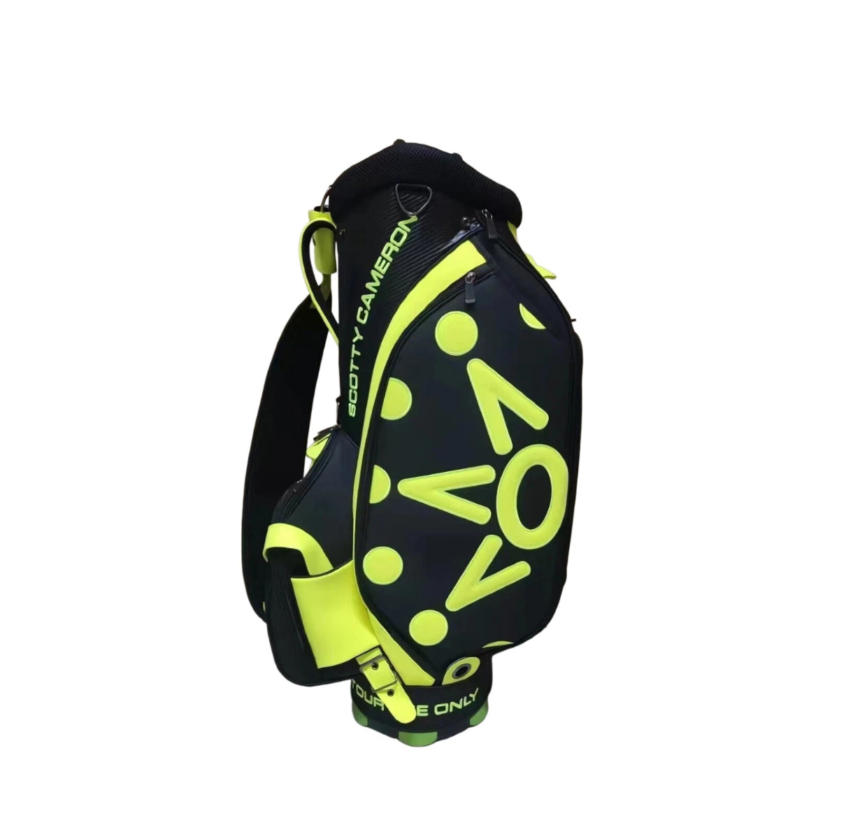 Alternate side view of the Scotty Cameron Staff Bag 2022 Tour Bag, displaying the bold neon yellow “TOUR USE ONLY” pattern and structured silhouette designed for professional golfers.
