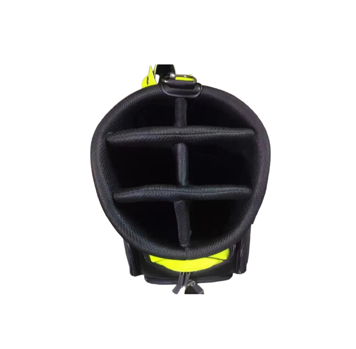 Top-down view of the Scotty Cameron Staff Bag 2022 Tour Bag, showcasing the internal club divider system and durable black fabric with neon yellow trim for easy club organization.