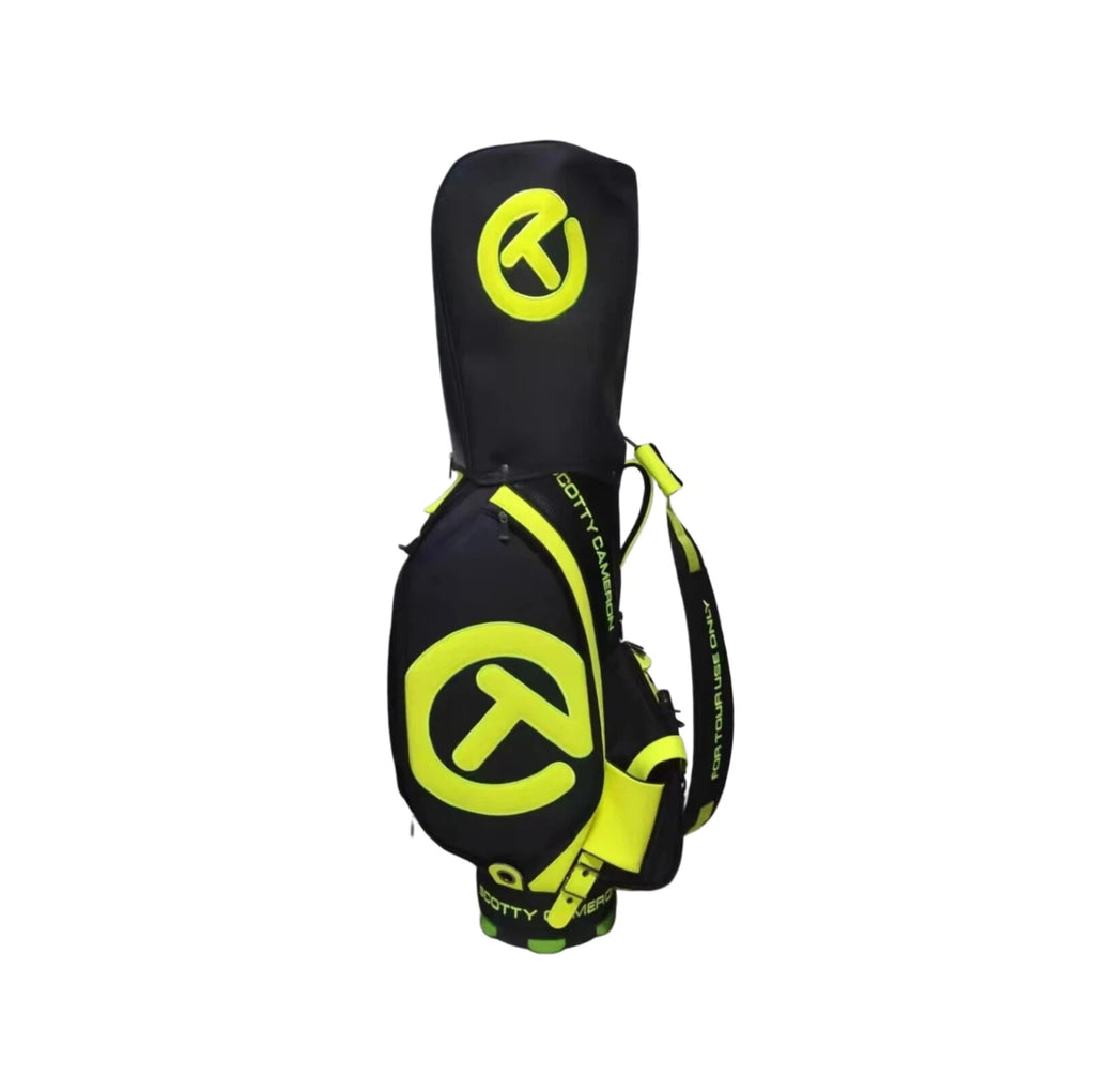 Front view of the Scotty Cameron Staff Bag 2022 Tour Bag with rain hood attached, featuring the prominent Circle T logo and “SCOTTY CAMERON” branding in high-contrast neon yellow.
