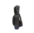 Side profile of the Scotty Cameron Backin Black Staff Bag featuring the embossed Circle T logo on the hood and "SCOTTY CAMERON" branding on the premium black leather strap.