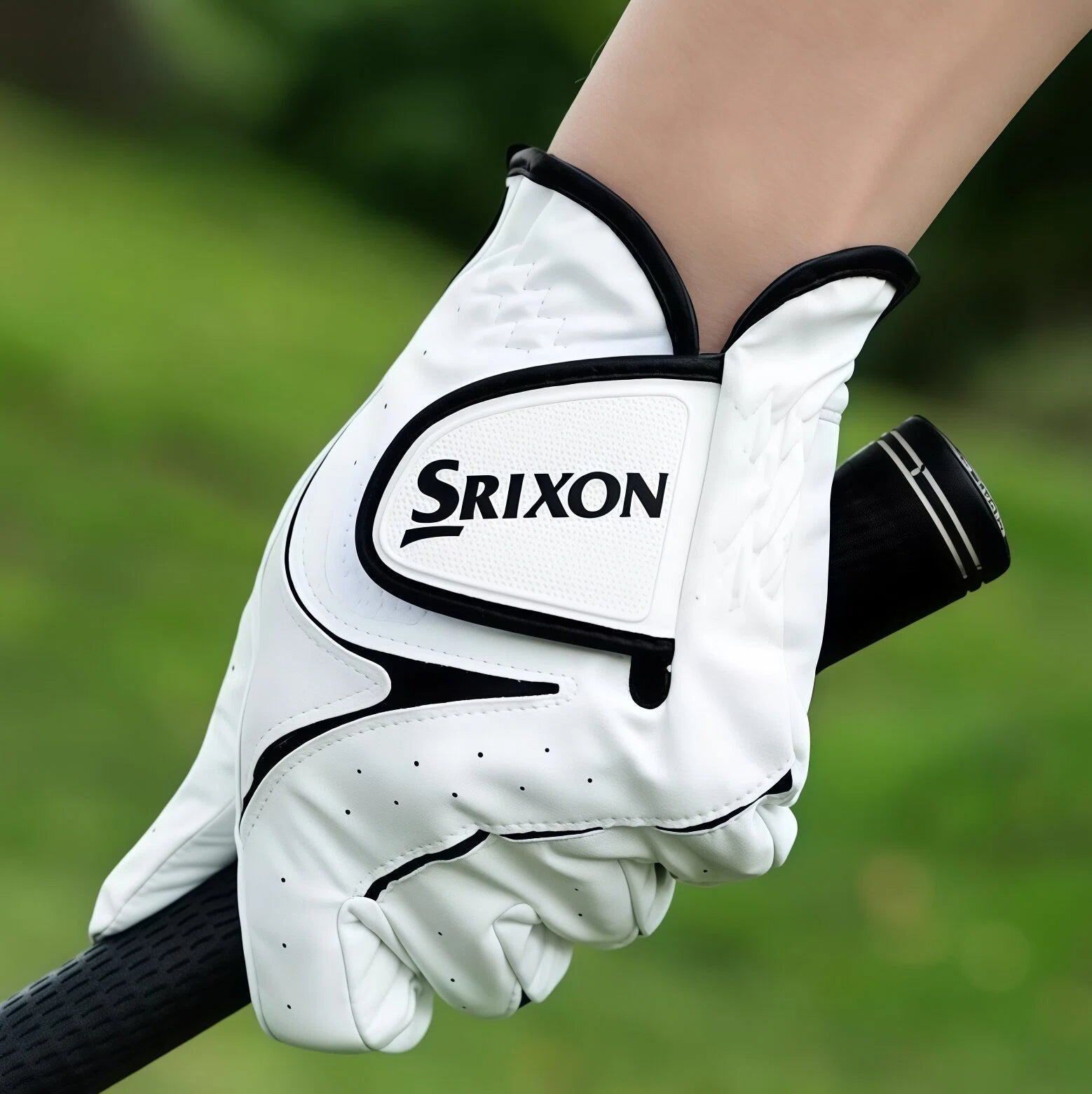 Srixon men's golf glove side profile on a golf club, emphasizing ergonomic design and durable construction for long-lasting use.
