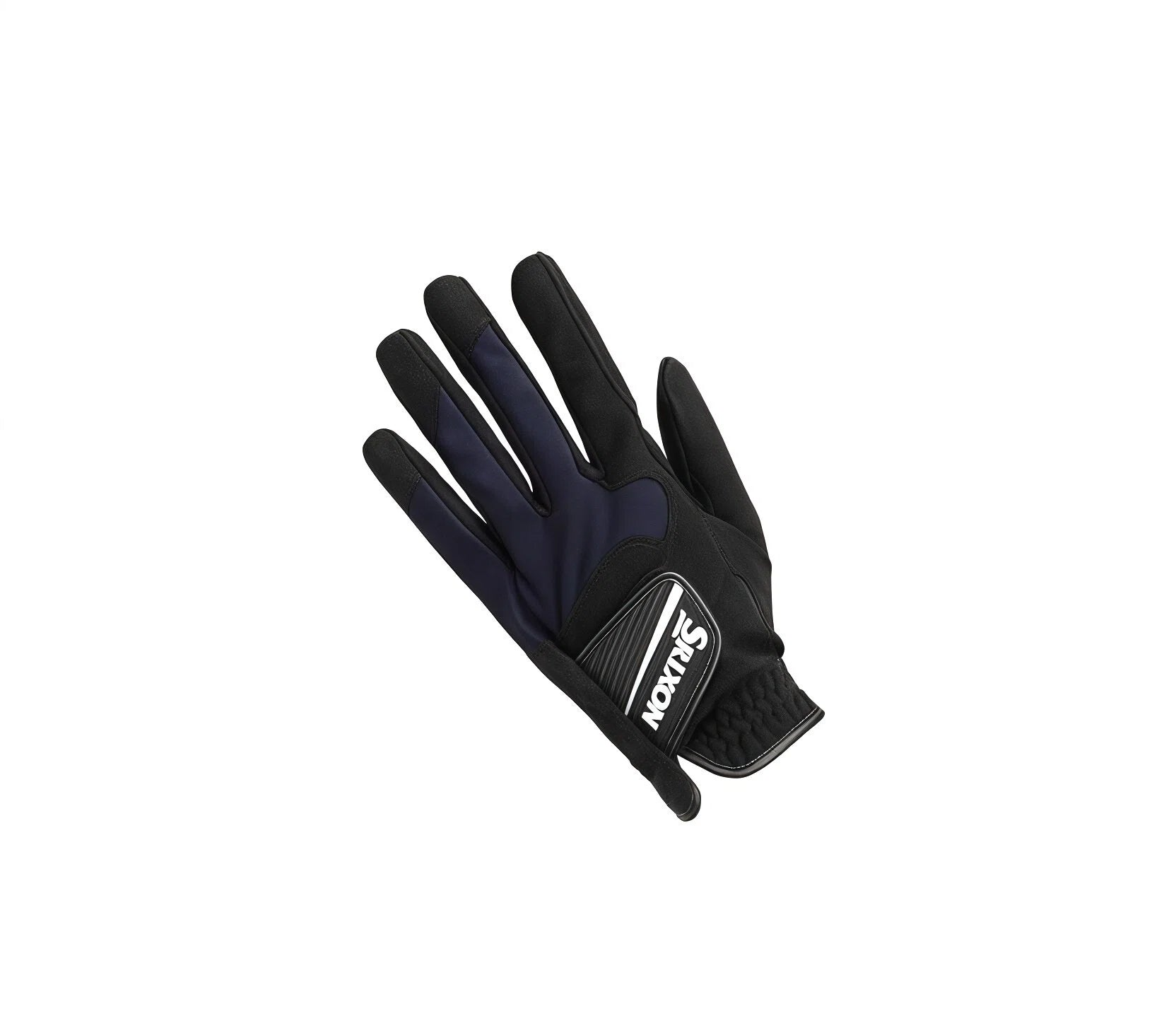 Srixon rain golf glove showing black and navy design, built for durability and superior traction in rainy or humid environments (left hand).