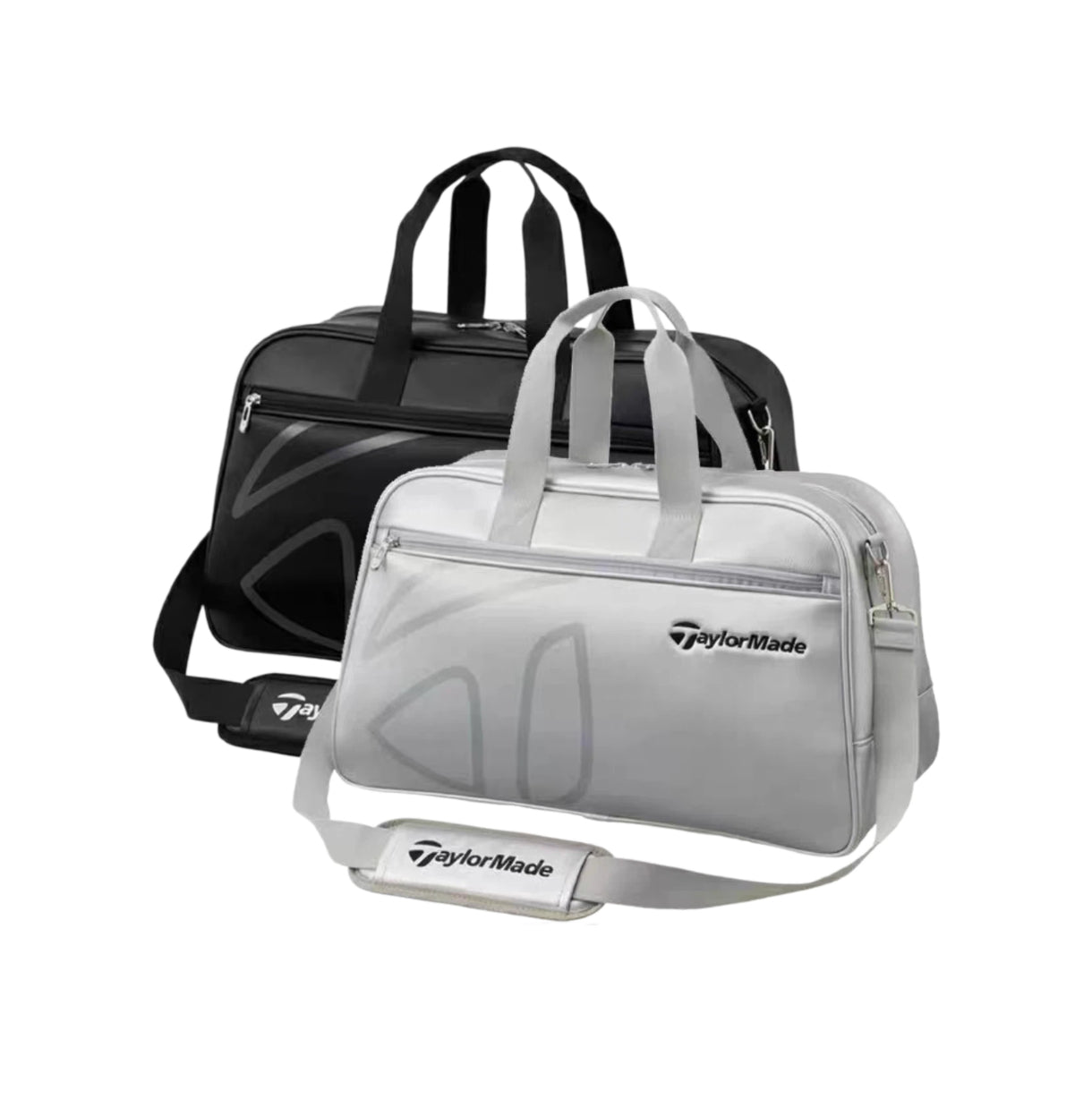 Side-by-side display of the TaylorMade Auth-Tech Boston bag in black and silver colorways. Both feature sleek designs, dual carry handles, padded shoulder straps, and premium branding. Ideal for golfers seeking stylish, functional duffel bags for travel or daily use.