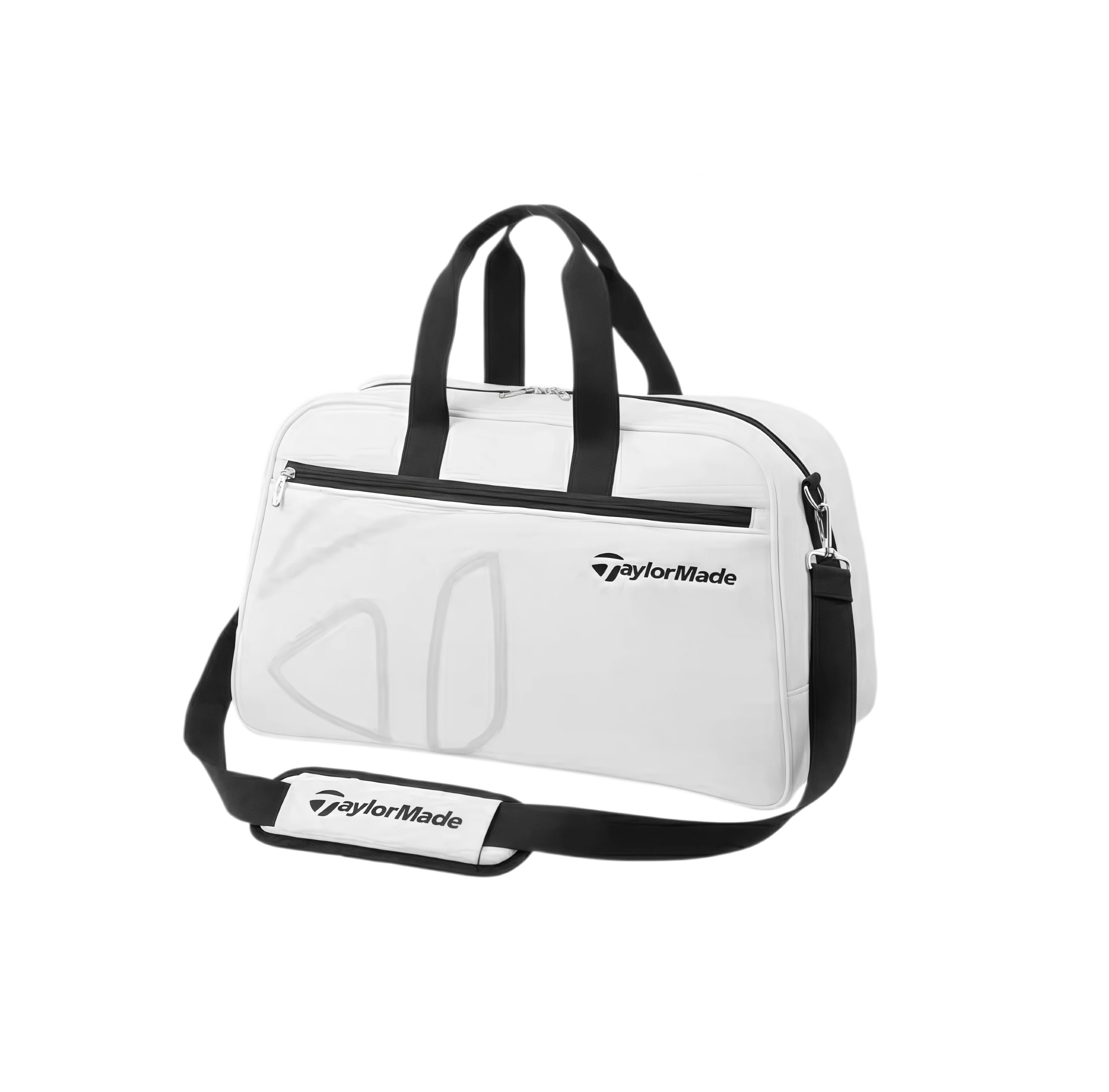 Front view of the TaylorMade Auth-Tech Boston bag in white with black trim and zippers. Features a large main compartment, front zippered pocket, and branded shoulder strap. Lightweight and compact, perfect for carrying golf essentials, clothing, and personal items.