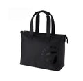 Front view of the TaylorMade Black Golf Tote featuring a subtle tonal "T" logo and circular "TAYLORMADE" text. Includes dual top handles and zippered closure for secure storage.

