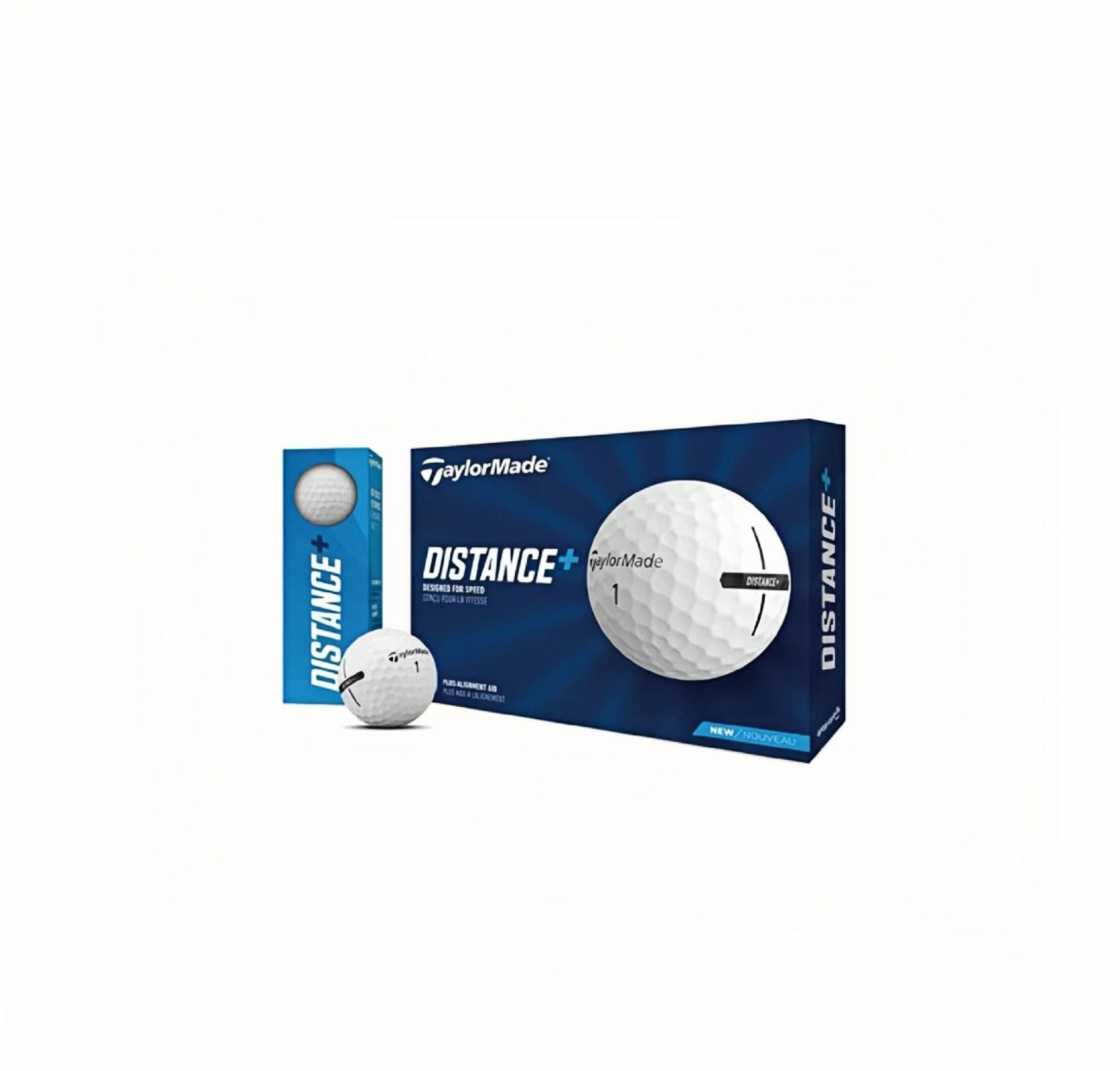  TaylorMade Distance+ golf balls with alignment aid design, displayed alongside its blue packaging box, highlighting the new model for speed and precision.