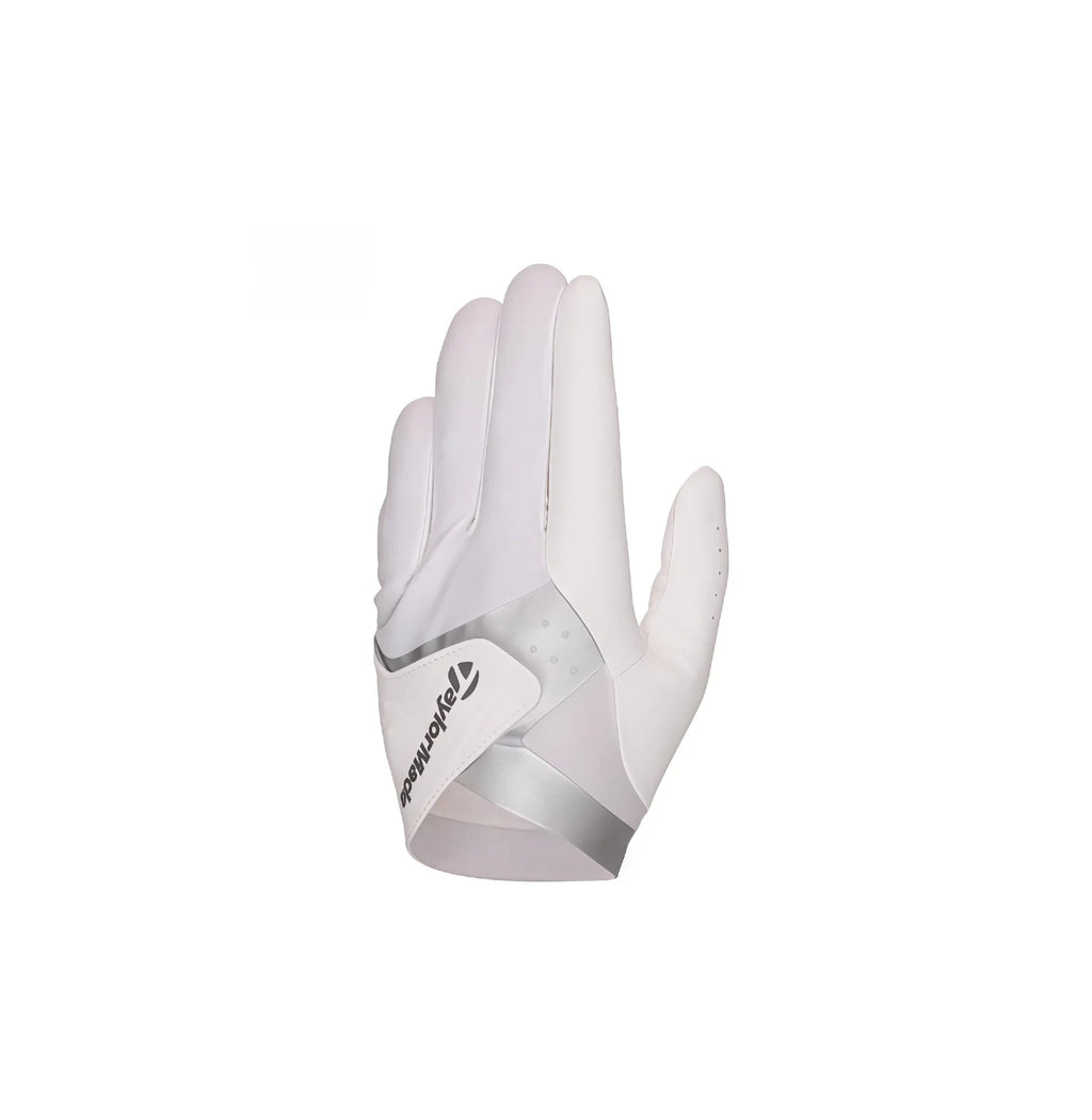 TaylorMade men's golf glove in white with silver accents, featuring a breathable design, anti-slip palm, and the TaylorMade logo on the wrist strap for superior grip and comfort.