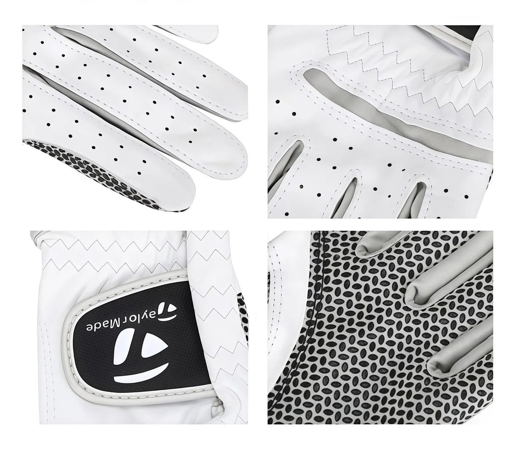 A collage of detailed shots of the TaylorMade men's golf glove, highlighting the premium lambskin leather, precise stitching, breathable perforations, and the iconic TaylorMade logo on the wrist.