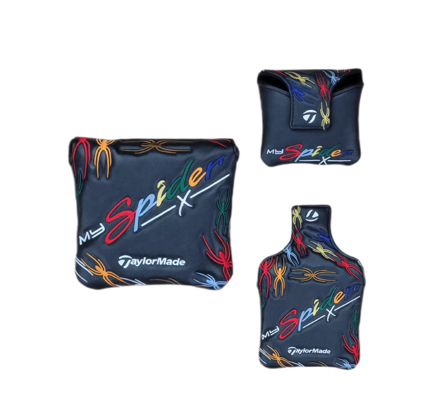 Black TaylorMade MySpider X putter headcovers with multi-colored spider motifs and embroidered “MySpider X” branding; set includes both mallet and blade putter shapes with secure snap-button closure and TM logo.