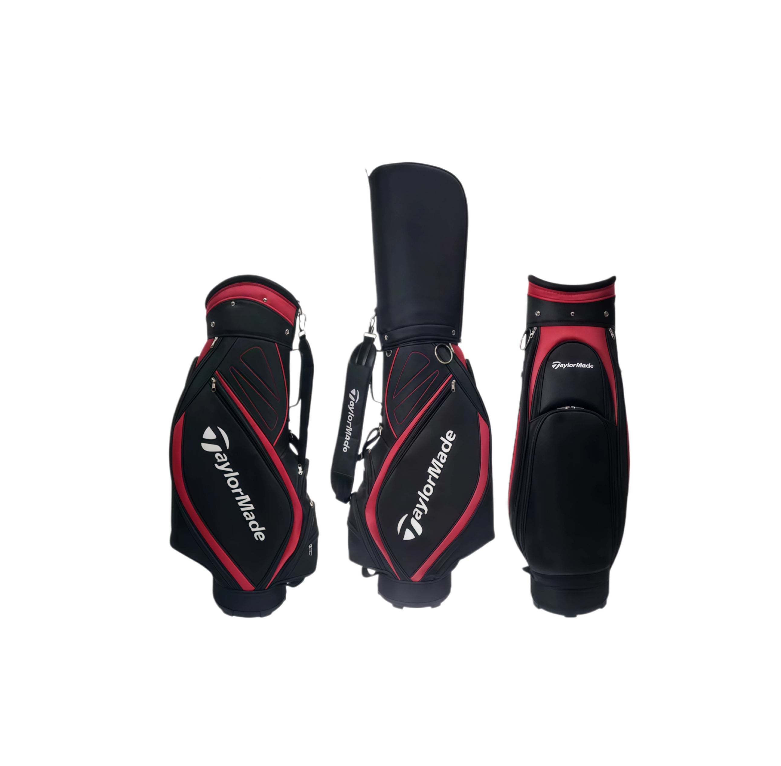 Front, side, and back views of the TaylorMade Premium Cart Bag in black and red. Features a sleek profile, reinforced bottom, dual carry handles, and large main compartment. Ideal for both casual and competitive play.
